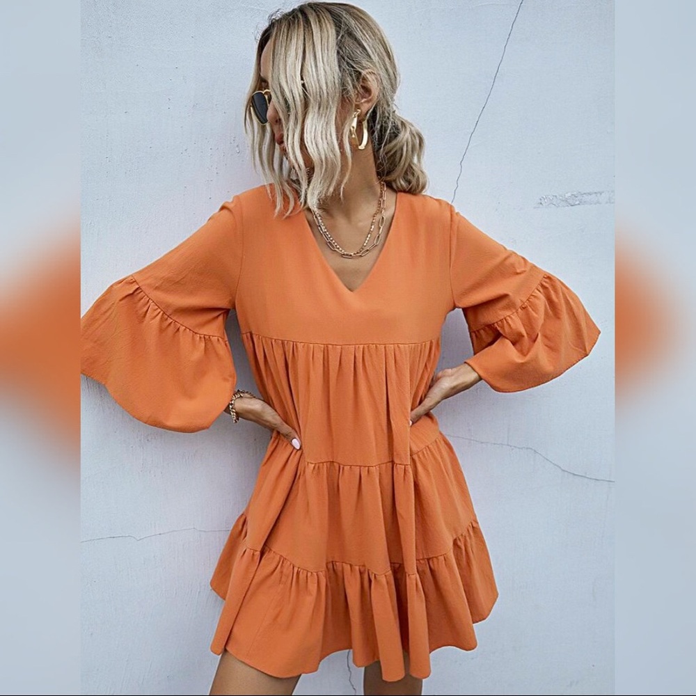 Beautiful V-Neck Solid Burnt Orange BabyDoll Dress